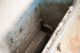 Dust and debris buildup inside residential air duct in Illinois before professional cleaning