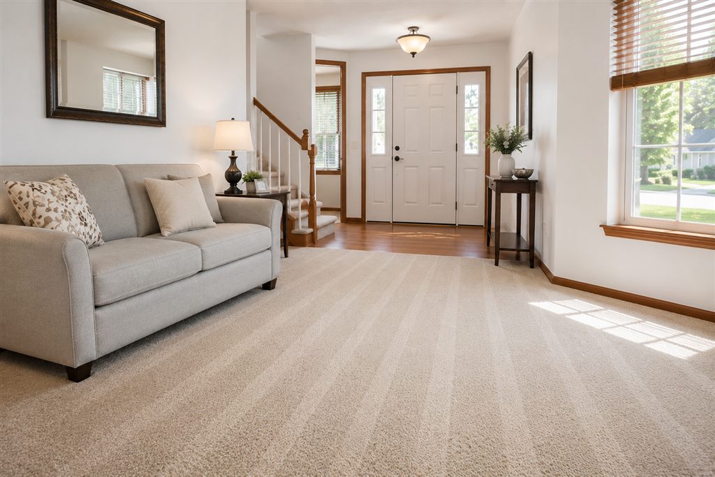 Freshly cleaned living room carpet with vacuum lines by Done Just Right in a Chicagoland home