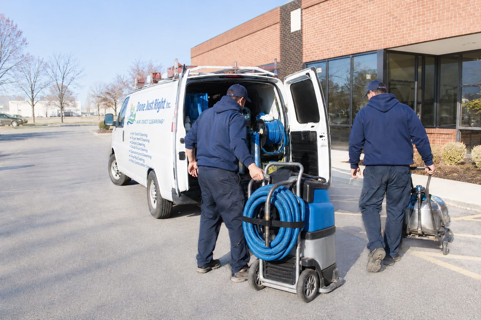 Done Just Right cleaning crew unloading equipment for office cleaning in Schaumburg Illinois