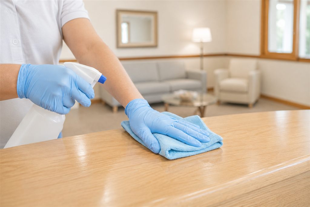 Done Just Right technician sanitizing a reception desk during office cleaning in Schaumburg Illinois