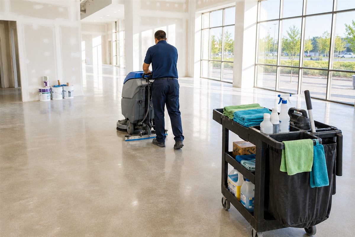 Done Just Right technician cleaning floors in a newly renovated commercial space